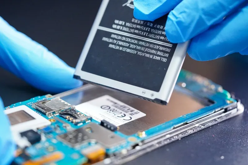 A phone battery being replaced by a technician