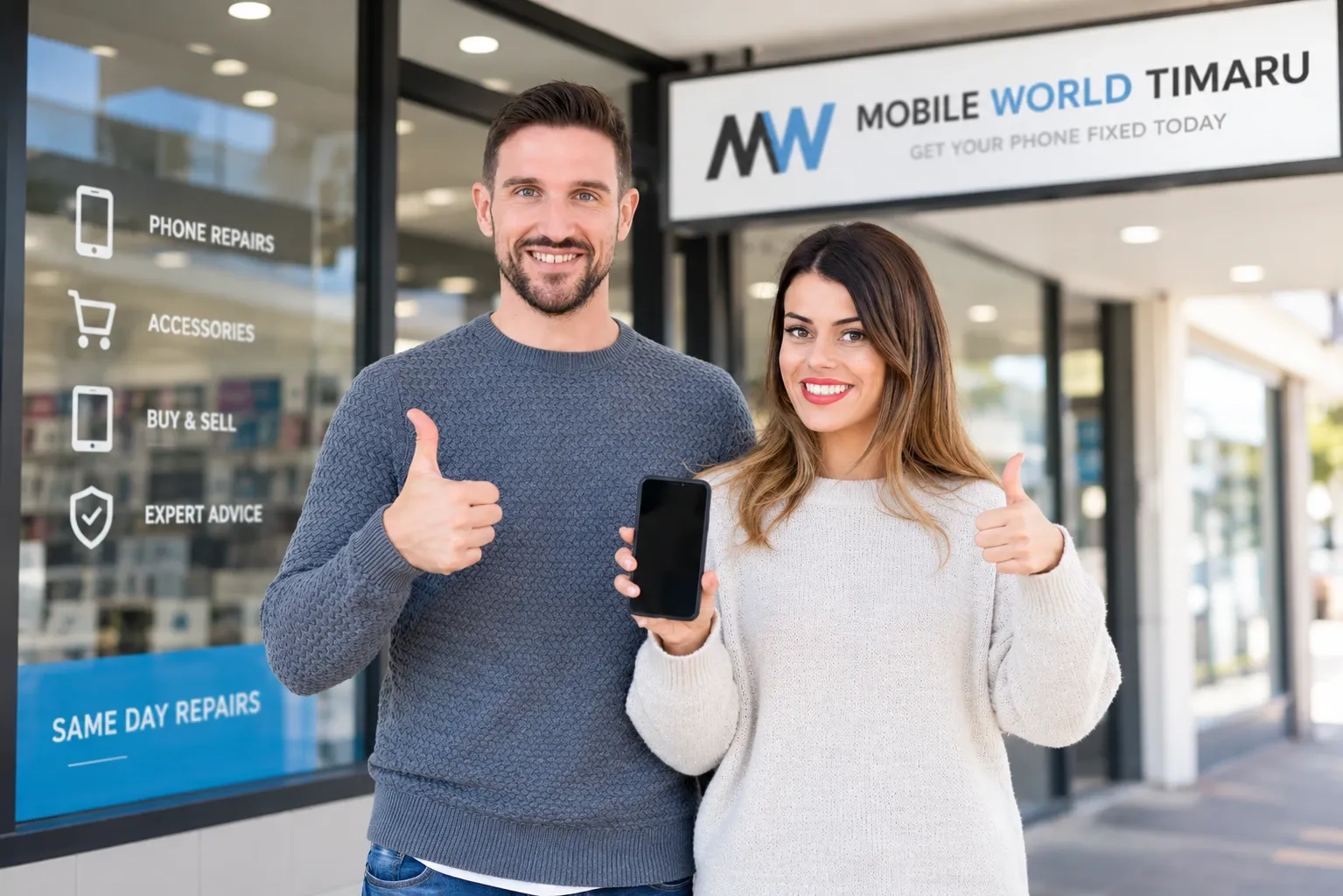 The Mobile World Timaru team outside the shop, ready to help with phone repairs, accessories and sales