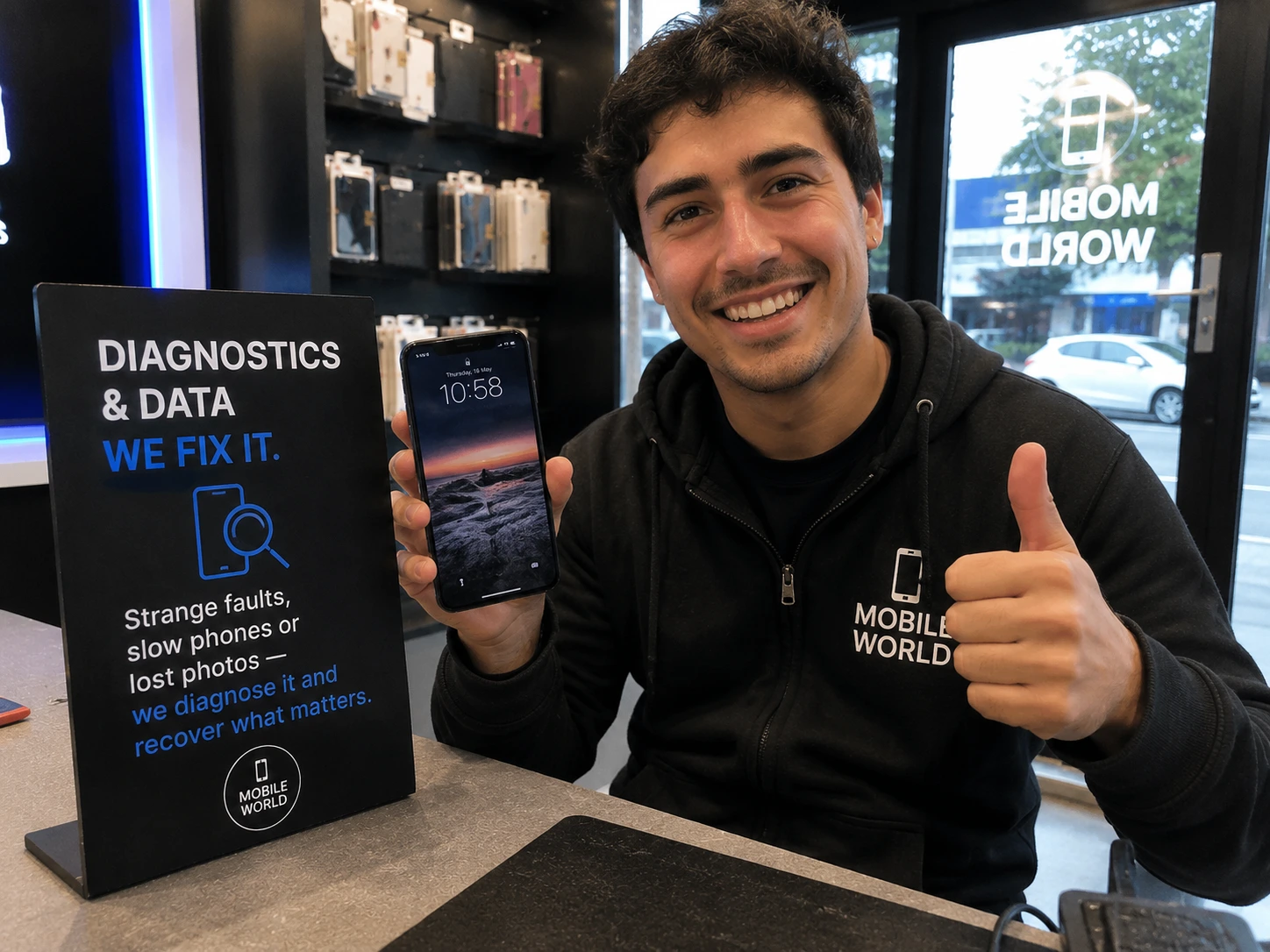 A phone connected for diagnostics and data recovery