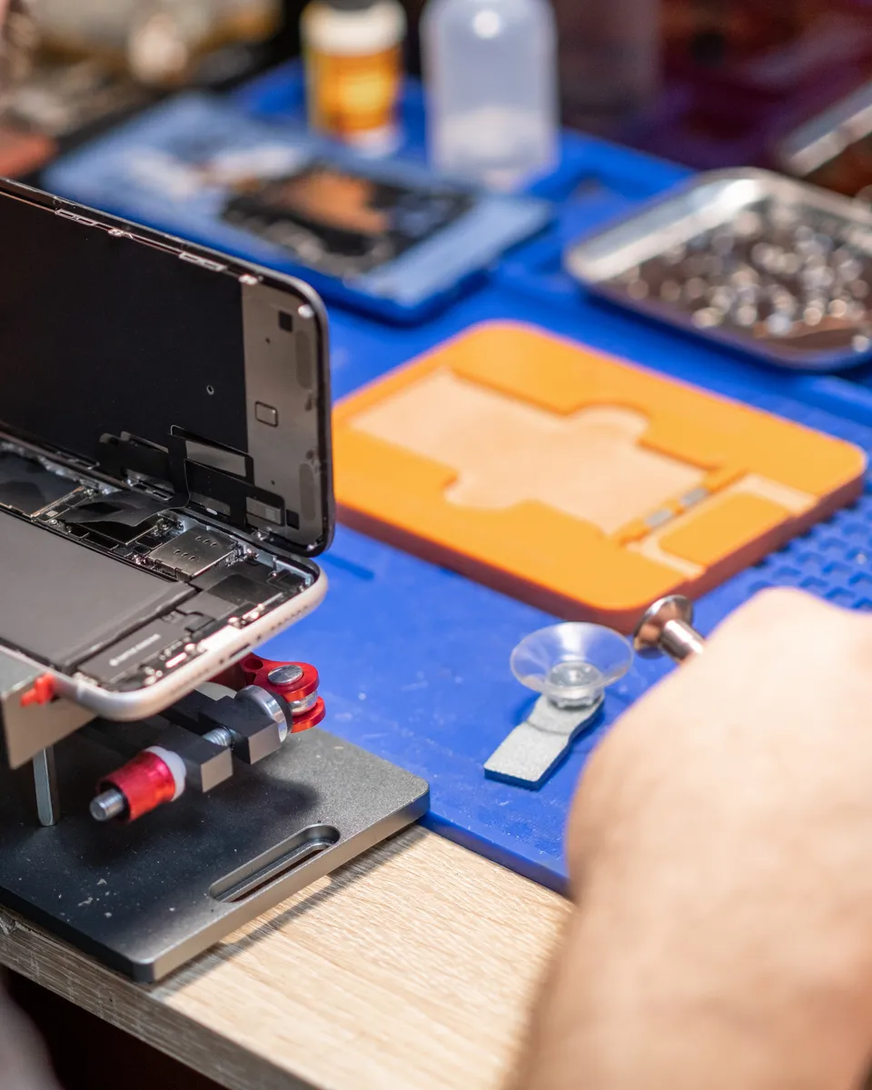 A technician's repair bench at Mobile World Timaru with a phone in a repair rig