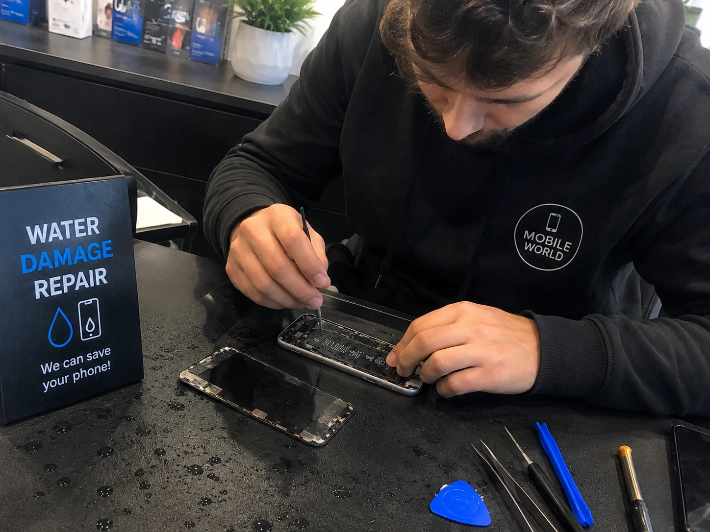 A phone battery being replaced by a technician