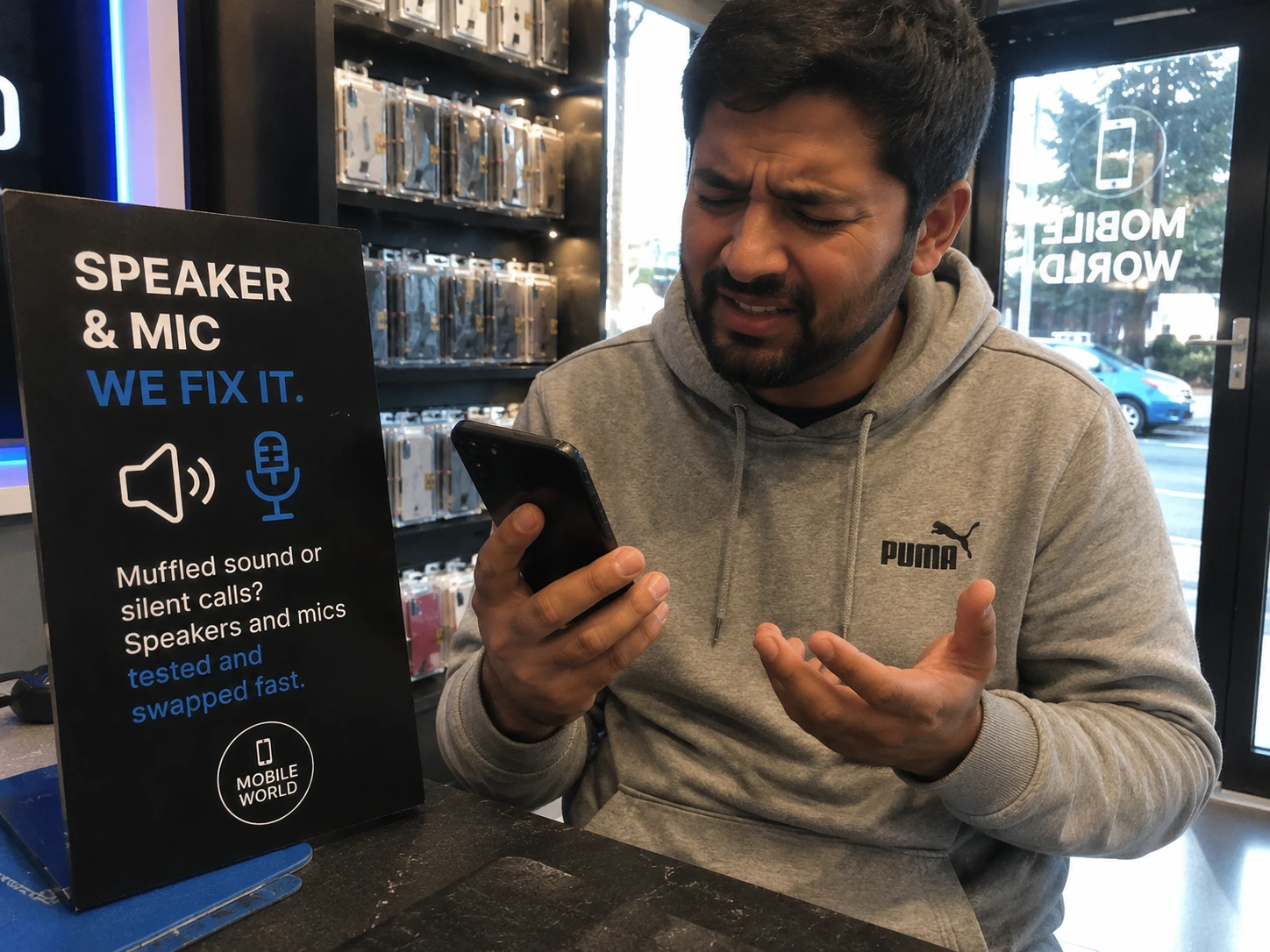 A phone speaker being inspected for faults