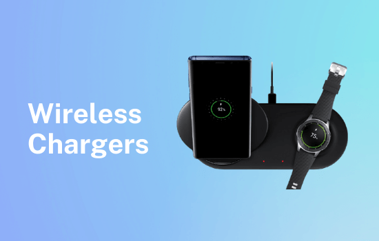 Wireless chargers — a charging pad powering a phone and smartwatch
